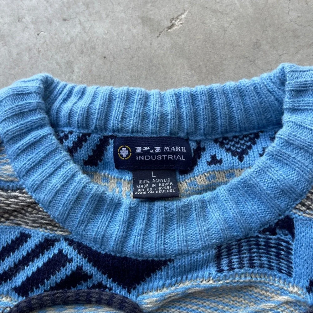 PJ Mark Industrial Vintage 3D Knit Sweater Blue Geometric 90s Mens Large